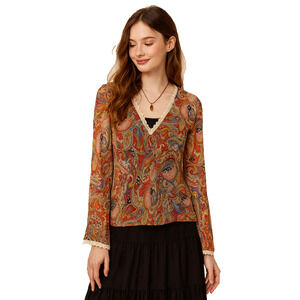 Y2K Top Womens Small Paisley Printed Sheer Lace Trim V Neck Fairy Whimsical Boho